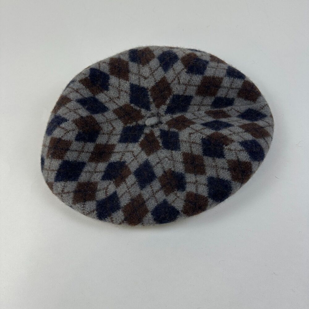 Steve Madden Argyle Wool Fleece  Beret Hat Grey Brown Navy Classic Patterned OS